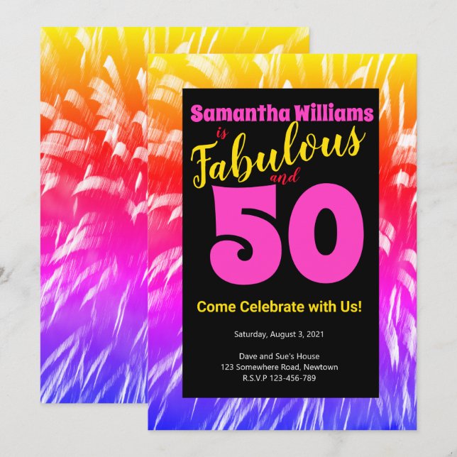 50 och Fabulous Birthday Rainbow Fireworks Inbjudningar (Fram/baksida)