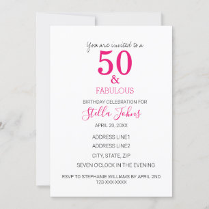 50 och Fabulous Birthday Rosa Fuchsia White Inbjudningar