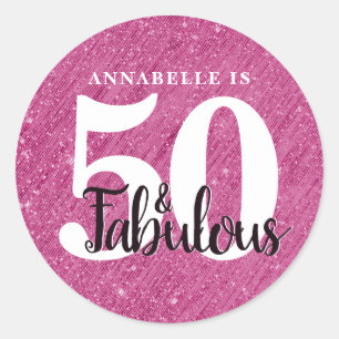 50 och Fabulous Birthday Rosa Gnistra Glitter Runt Klistermärke