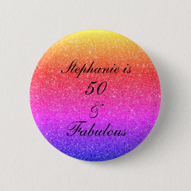 50 och Fabulous Birthday Rosa Lila Glitter Black Knapp (Framsida)