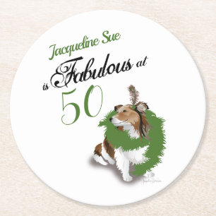 50 och Fabulous Birthday Sheltie Grönt Hund Underlägg Papper Rund