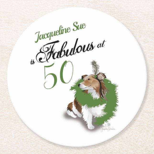 50 och Fabulous Birthday Sheltie Grönt Hund Underlägg Papper Rund (Framsidan)