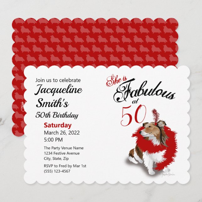 50 och Fabulous Birthday Sheltie Hund Red Invatio Inbjudningar (Fram/baksida)