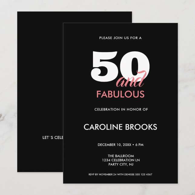 50 och Fabulous Black 50:e födelsedagsinbjudan Inbjudningar (Fram/baksida)