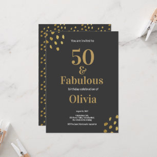 50 och Fabulous Black and Golden Birthday Invati Inbjudningar