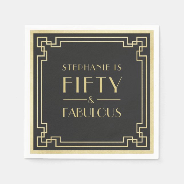 50 och Fabulous Black and Guld Art Deco Birthday Pappersservett (Framsidan)