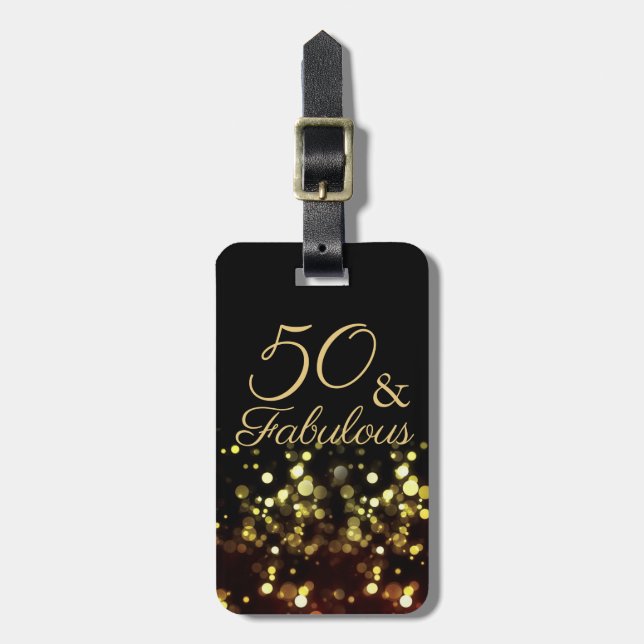 50 och Fabulous Black and Guld Birthday Bagagebricka (Vertikal Framsida)