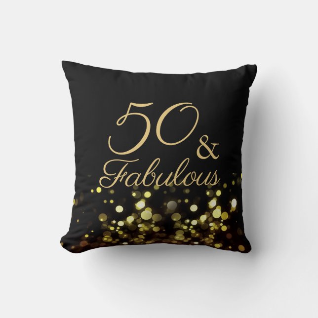 50 och Fabulous Black and Guld Birthday Kudde (Framsida)