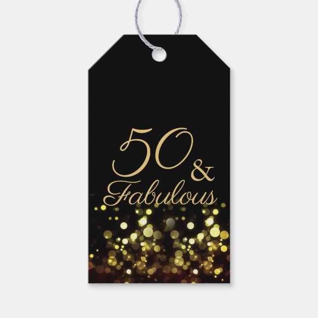 50 och Fabulous Black and Guld Birthday Presentetikett (Framsidan)