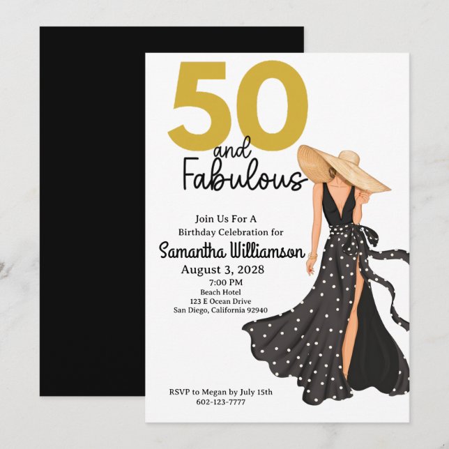 50 och Fabulous Black and Guld Födelsedagsfest Inbjudningar (Fram/baksida)