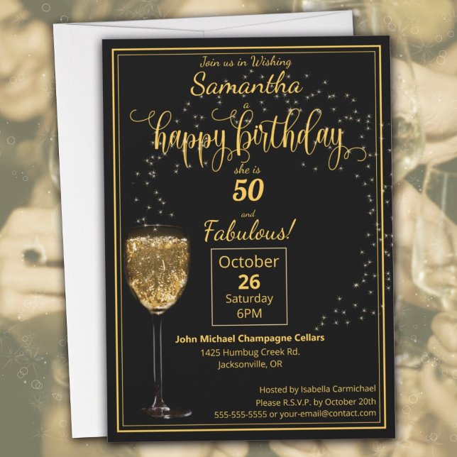 50 och Fabulous Black and Guld Födelsedagsfest Inbjudningar (50 and Fabulous Black and Gold Birthday Party Invitation)
