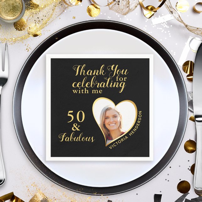 50 och Fabulous Black and Guld Photo Birthday Pappersservett (Skapare uppladdad)