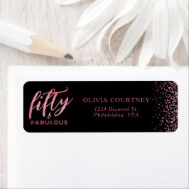50 och Fabulous Black and Rosa Glitter Birthday Returadress Etikett