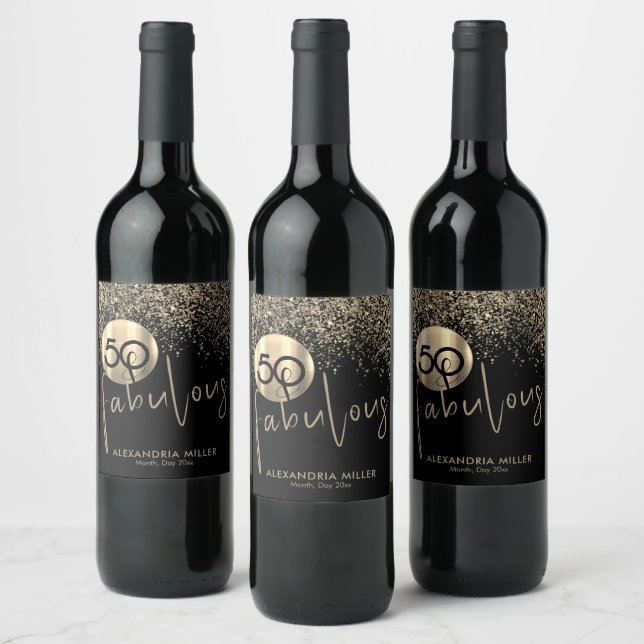 50 och Fabulous Black Guld Birthday Vinflaska Etikett (Flaskor)