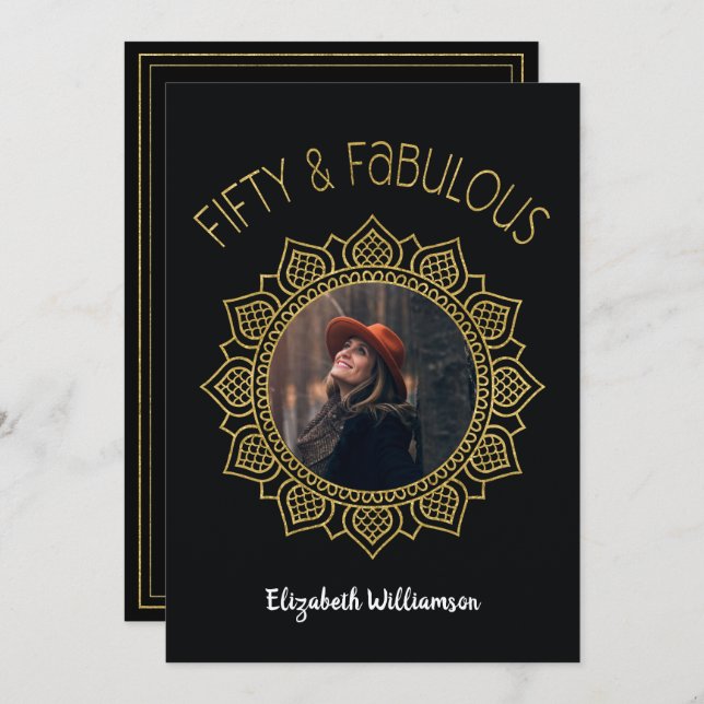 50 och Fabulous Black Guld Elegant Party Inbjudningar (Fram/baksida)