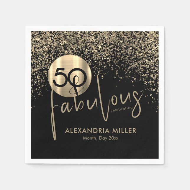 50 och Fabulous Black Guld Födelsedagsfest Pappersservett (Framsidan)