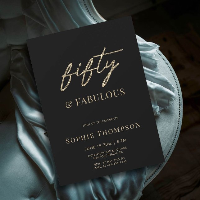50 och Fabulous Black Guld Modern Glam Birthday Inbjudningar (50 and fabulous simple modern black minimalist invitation gold glitter fifty fiftieth birthday glam)