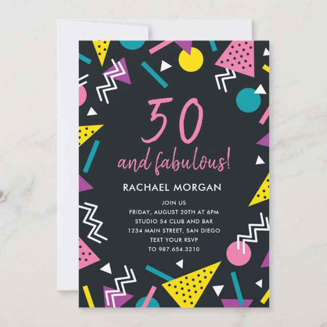 50 och Fabulous Black Retro Birthday-inbjudan Inbjudningar (Framsida)
