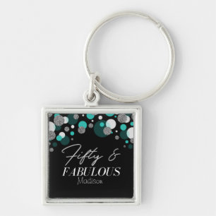 50 och Fabulous Black, Teal, Silver Fyrkantig Silverfärgad Nyckelring
