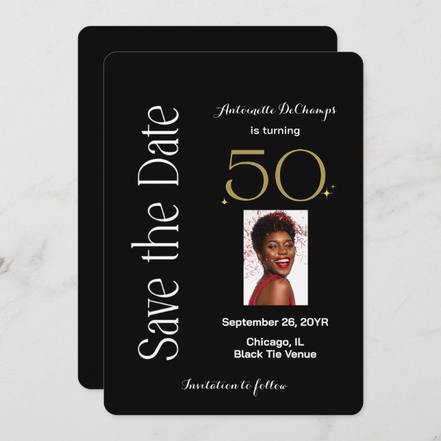 50 och Fabulous Black White Guld Födelsedagsfest Spara Datumet (Fram/baksida)