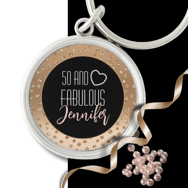 50 och Fabulous Bling Finare 50:e Guld Black  Rund Silverfärgad Nyckelring (Skapare uppladdad)