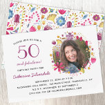 50 och Fabulous Blommigt Photo Födelsedagsfest Inbjudningar<br><div class="desc">50 och Fabulous söt modern botanik blommigt vattenfärgsutandning runt födelsedagsflickans foto. Baksidan har ett över blommönster att matcha. Ändra foto,  information och till och med ålder för anpassning. Photo kredit: Photography © Storytree Studios,  Stanford,  CA</div>