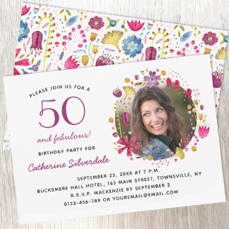 50 och Fabulous Blommigt Photo Födelsedagsfest Inbjudningar