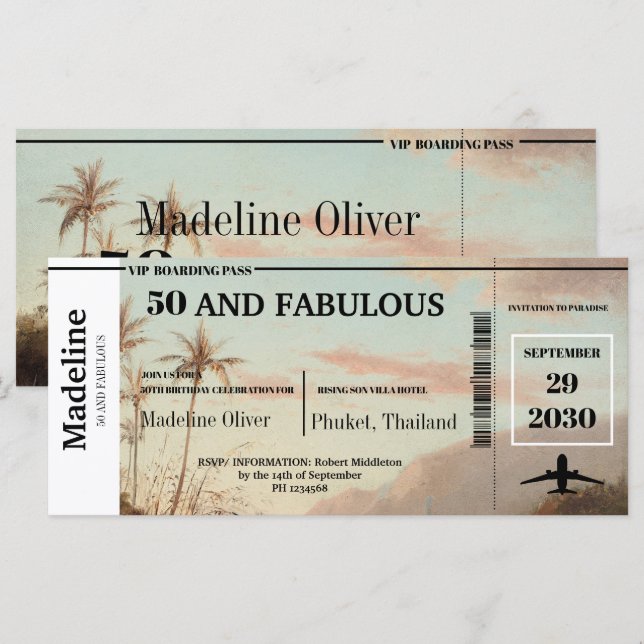 50 och Fabulous Boarding Pass Tropical Birthday (Fram/baksida)