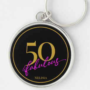 50 och Fabulous Chic Black Guld och Rosa Script Rund Silverfärgad Nyckelring