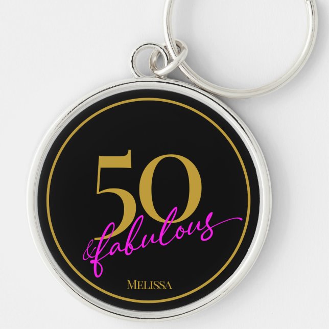 50 och Fabulous Chic Black Guld och Rosa Script Rund Silverfärgad Nyckelring (Framsidan)