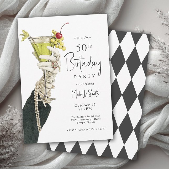 50 och Fabulous Cocktails and Pearls Birthday Inbjudningar (Available in both printed and instant download digital formats.)