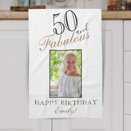 50 och Fabulous Elegant 50:e födelsedagsfoto Kökshandduk