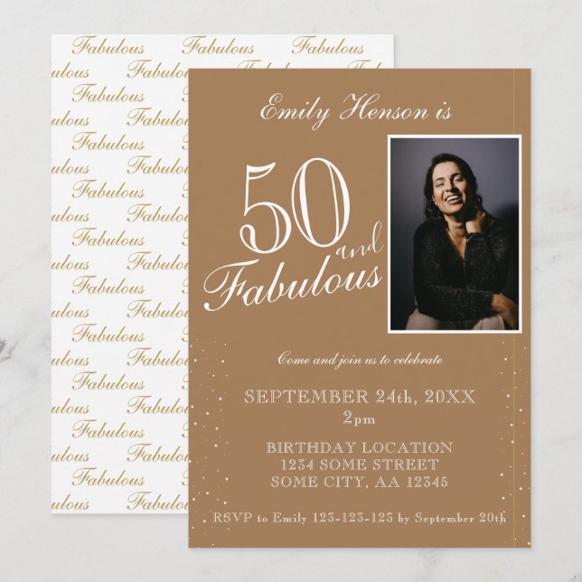 50 och Fabulous Elegant Beige Photo Birthday Inbjudningar (Fram/baksida)