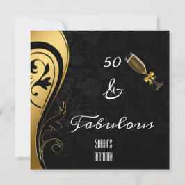 50 och Fabulous Elegant Black & Guld Birthday Inbjudningar