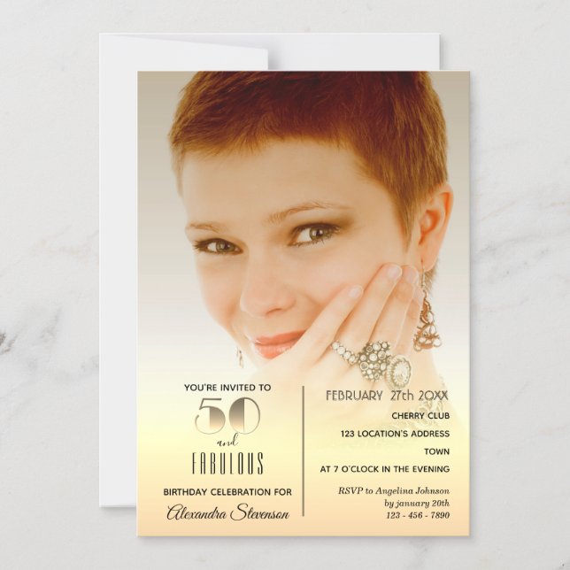 50 och Fabulous, Elegant Guld 50:e födelsedagsfoto Magnetisk Inbjudningskort (Framsida)