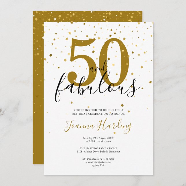 50 och Fabulous Elegant Guld och Black Birthday Inbjudningar (Fram/baksida)