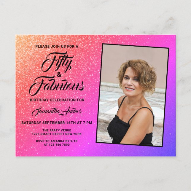 50 och Fabulous Elegant Rosa Glitter Photo Inbjudan Vykort (Framsida)