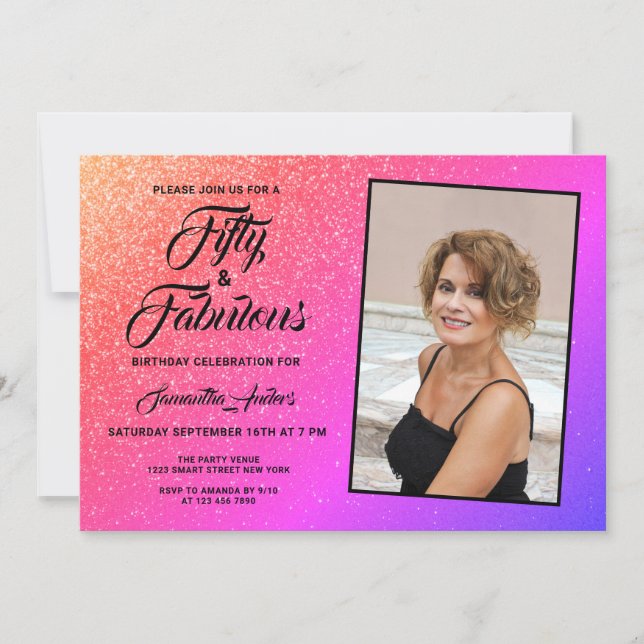50 och Fabulous Elegant Rosa Glitter Photo Inbjudningar (Framsida)