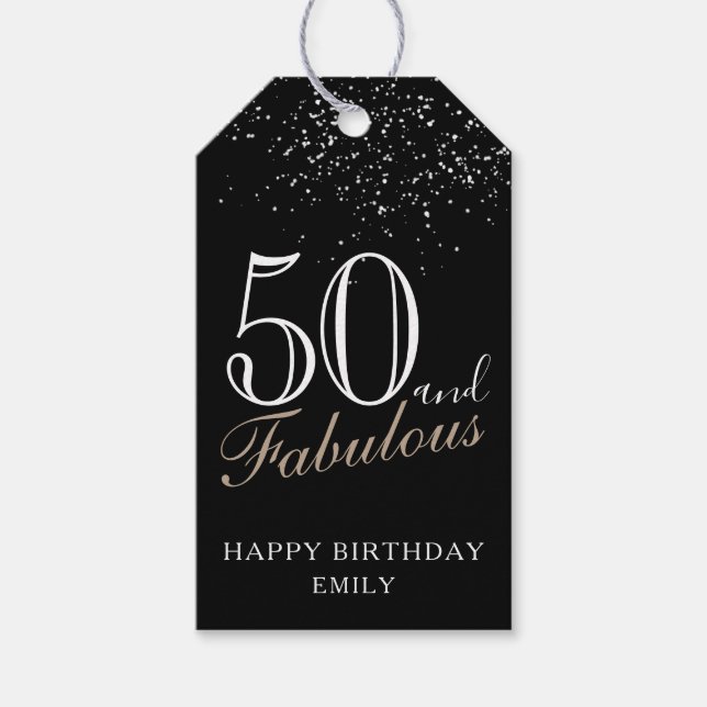 50 och Fabulous Elegant Script Black 50:e födelsed Presentetikett (Framsidan)