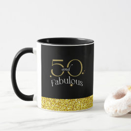 50 och Fabulous Elegant Script Black Guld Glitter Mugg