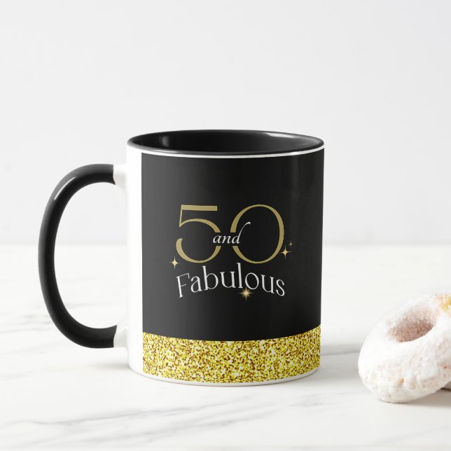 50 och Fabulous Elegant Script Black Guld Glitter Mugg (Med munk)