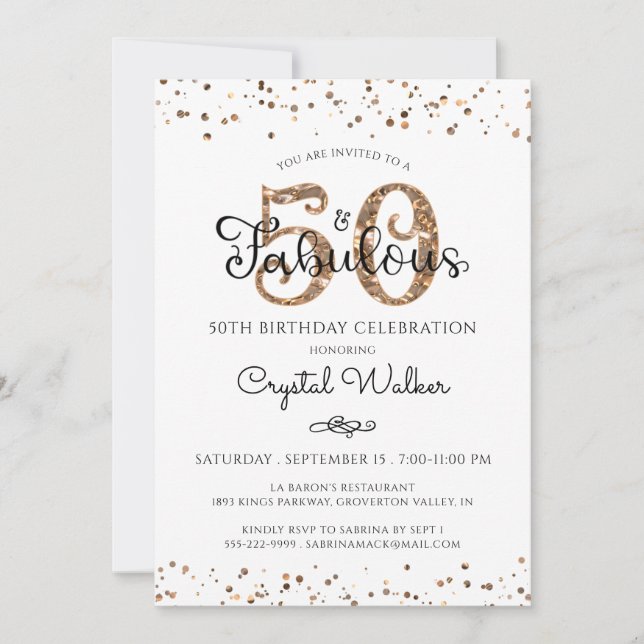 50 OCH FABULOUS Elegant Script Black Guld-konfetti Inbjudningar (Framsida)