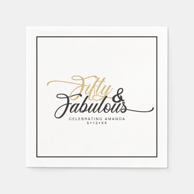 50 och Fabulous Födelsedagsfest Faux Guld and Blac Pappersservett (Framsidan)