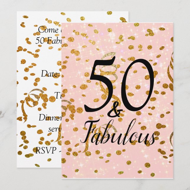50 och Fabulous Födelsedagsfest Rosa Guld Confetti Inbjudningar (Fram/baksida)