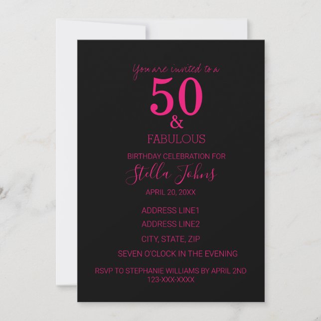 50 och Fabulous Födelsedagsfest Shock rosa Black 2 Inbjudningar (Framsida)