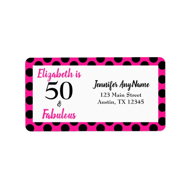 50 och Fabulous Fold Rosa med Black Polka dots Adressetikett (Framsidan)