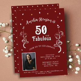 50 och Fabulous Foliage Red 50 Birthday Photo Inbjudningar