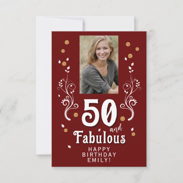 50 och Fabulous Foliage Red 50 Birthday Photo Kort (Framsida)