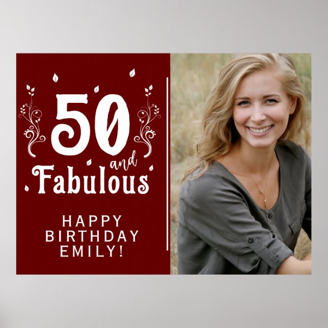 50 och Fabulous Foliage Red 50 Birthday Photo Poster (Framsidan)