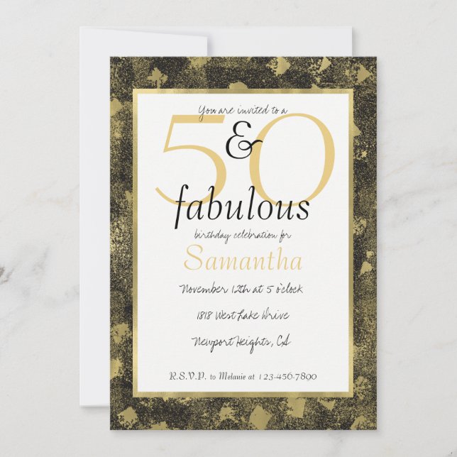 50 och Fabulous Glam Guld Black Party Inbjudan (Framsida)